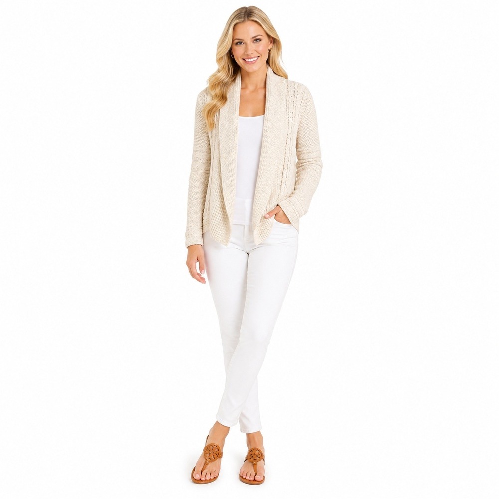 Pure Handknit Cardigan Womens‎ XS/S Cream Shawl Boho Cable Knit Cotton Sweater